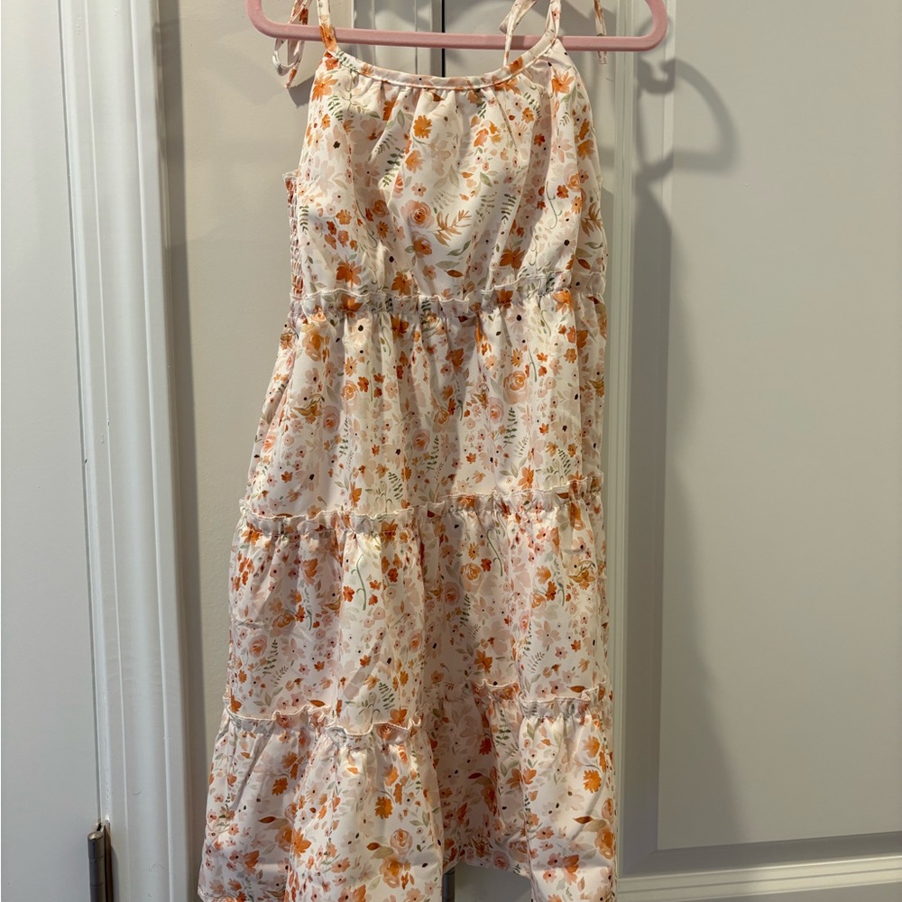 Girls Floral Tiered Sundress - Cream with Orange Print